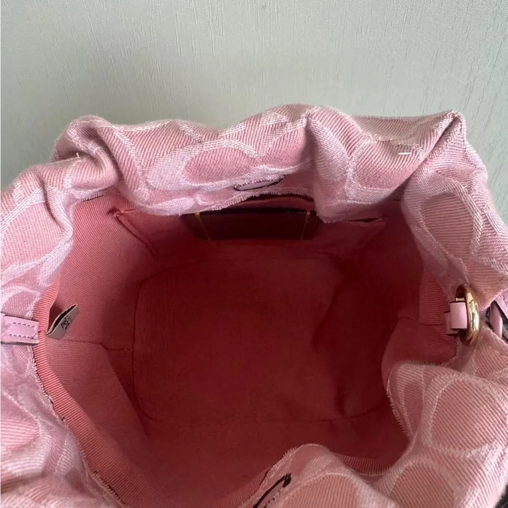 Coach Pink Signature Mini Drawstring Bucket Bag with Gold Chain